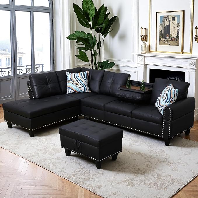 97.5" Leather L Shaped Couch Set Black, Modular Sectional Couches - Image 9