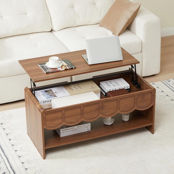 Lift Top Coffee Table with Hidden Compartment, 2 Tier Wooden Center Table with - Image 8