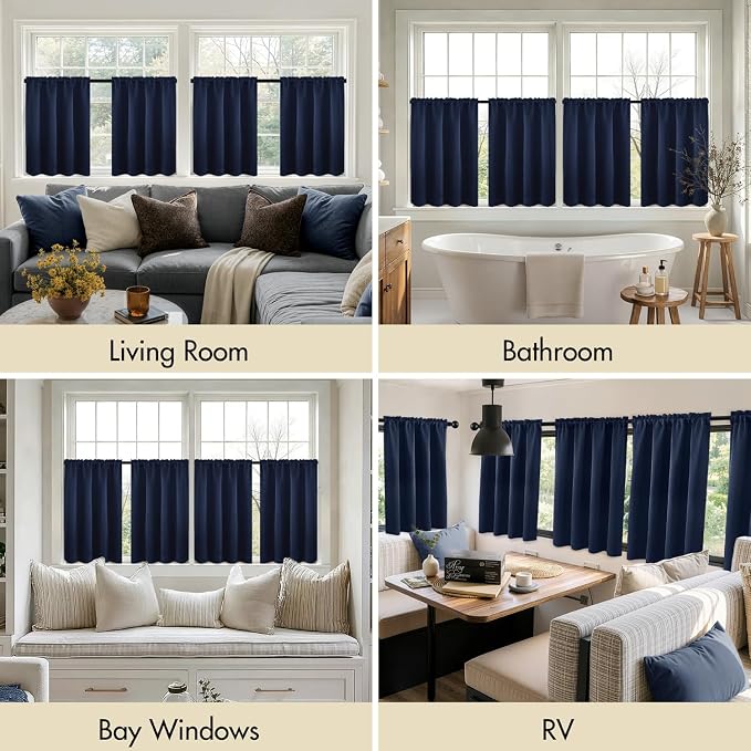 MIULEE 4-Panel 36 Inch Blackout Kitchen Tier Curtains Over Sink Navy Blue | - Image 6