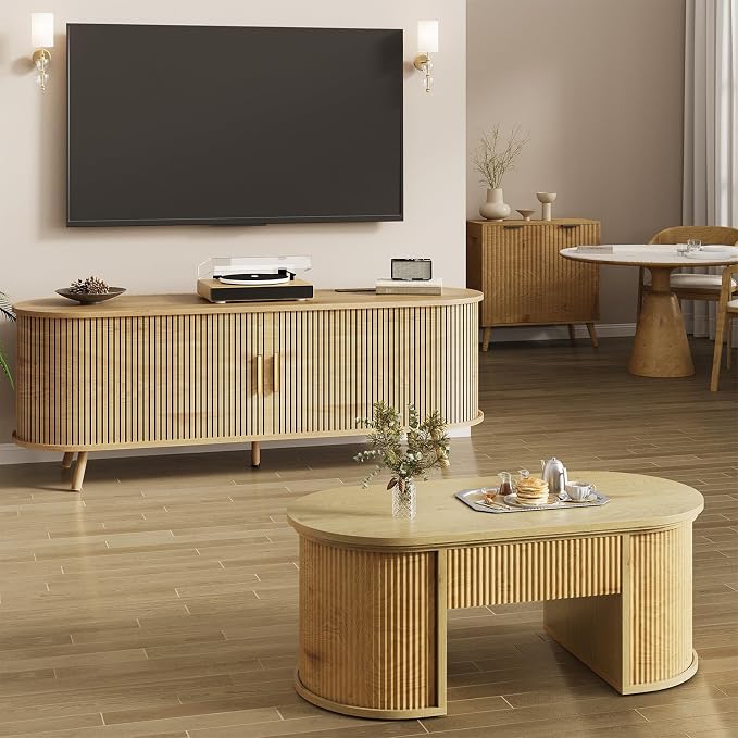63 inch TV Stand with Power Outlet, Fluted Entertainment Center - Image 7
