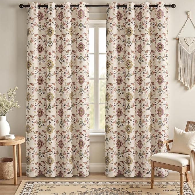 Boho Floral 100% Grommet Blackout Curtains 90 Inch 2 Panels | Colorful Bohemian by Unknown