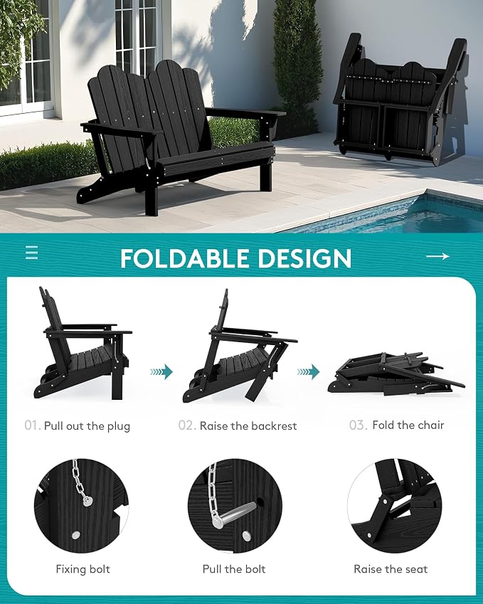 SERWALL 3 Pieces Patio Adirondack Bench Set, 2 Folding Adirondack Bench & 1 - Image 5