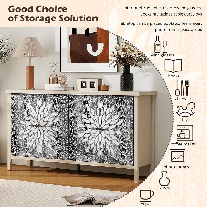 58'' Large Sideboard Buffet Kitchen Storage Cabinet, 4 Door Carved Modern - Image 3