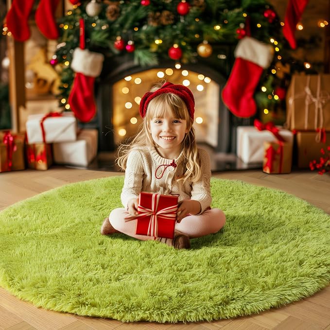 Amdrebio Grass Green Round Fluffy Kids Rug 5Ft - Image 7