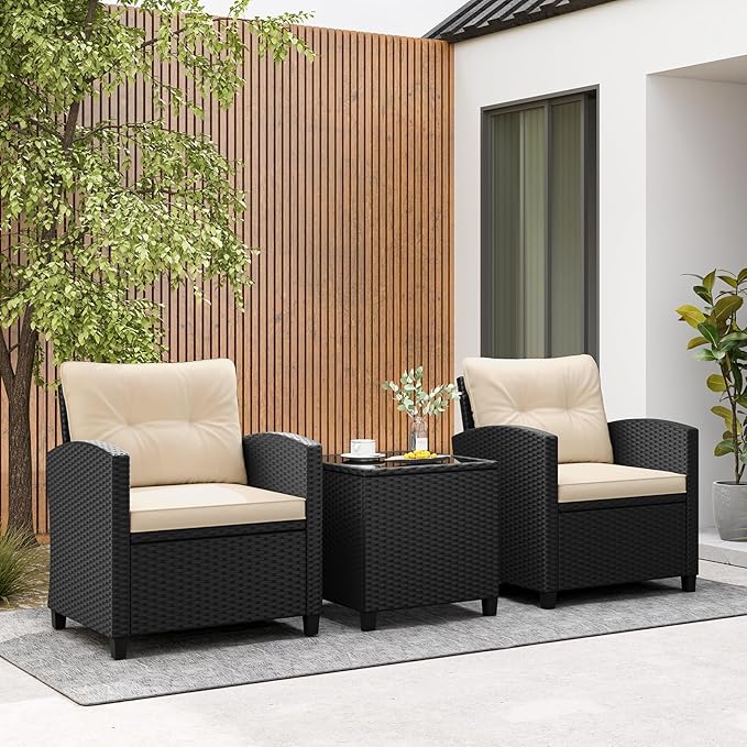 Tangkula 3 Piece Patio Furniture Set, Rattan Conversation Set w/Soft Seat & - Image 2