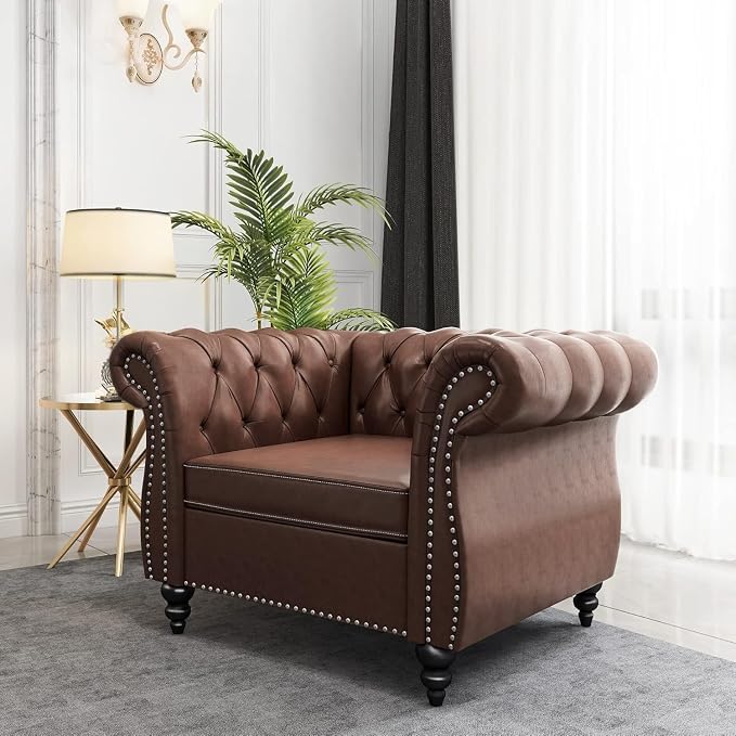 Living Room Chair, Modern Leather Chesterfield Sofa Chair, Mid Century Single - Image 5