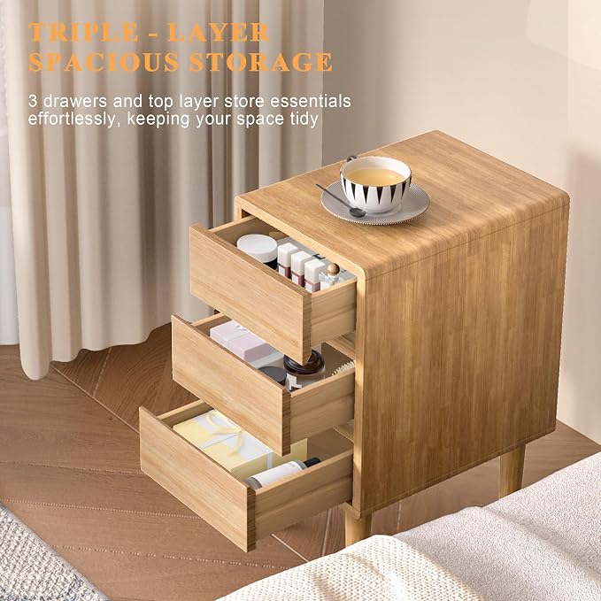 Nightstand with 3 Drawers Narrow Night Stand Solid Wood Bedside Table Mid - Image 3