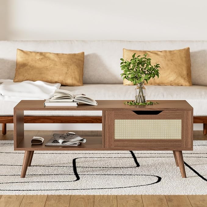 DIYART Brown Rattan Coffee Table, Mid Century Modern - Image 3