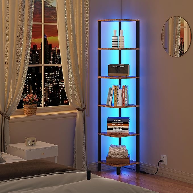TUTOTAK Corner Shelf with LED Light, 6-Tier Corner Bookshelf by ChoosetutotakFurnitureBuildYourCozyHome