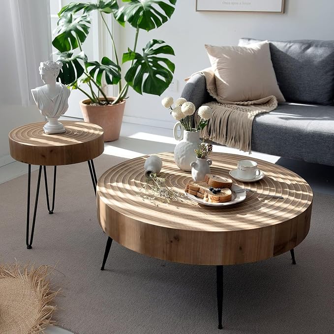 COZAYH 2-Piece Round Nesting Coffee Table Set, Natural Wood Top - Image 9