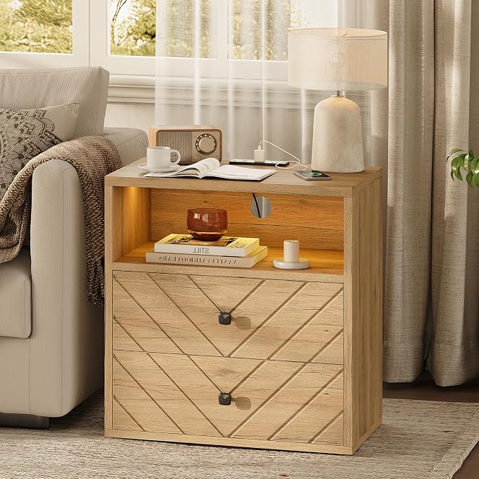 Modern Nightstand with Charging Station, LED Bedside Table with 2 Storage by TROJMHome