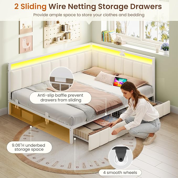 DICTAC Corner Bed Frame with 2 Storage Drawers and Charging Station Full Size - Image 5