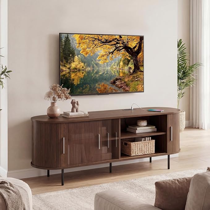 Tangkula Fluted TV Stand for TVs up to 60”, Mid Century Curved Entertainment - Image 2