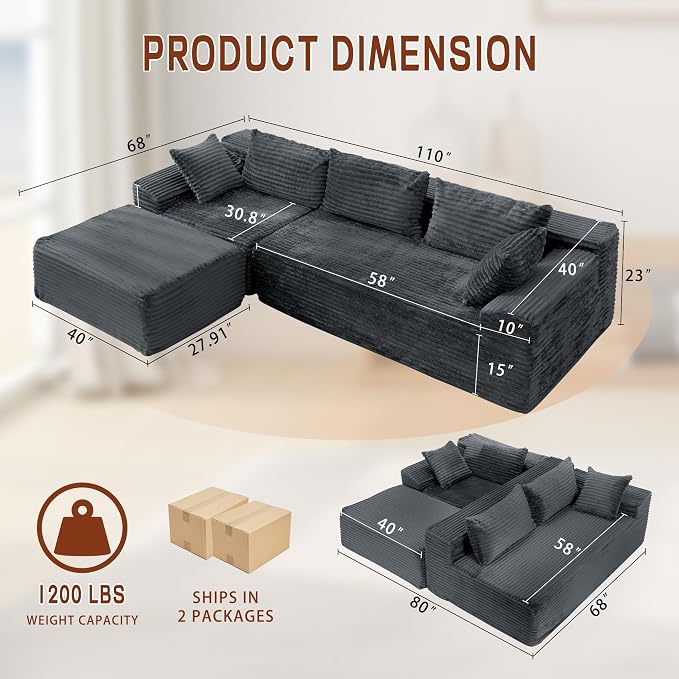 Korser 110" L-Shaped Modular Sectional Sofa - Image 3