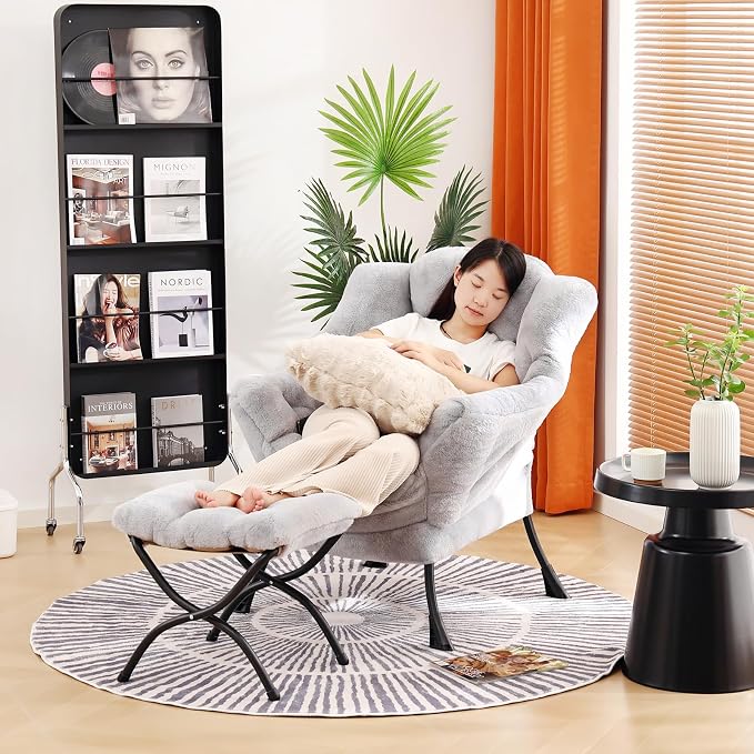 Lazy Chair with Ottoman, Large Light Grey Accent Chair with Ottoman and FA - Image 2