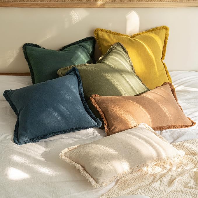 MIULEE Linen Fringe Decorative Euro Throw Pillow Covers Navy Blue 24x24 | Set - Image 7