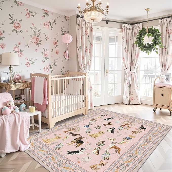 Pink Dogs Animal Area Rug 5x7 for Living Room Bedroom | Ultra-Thin;Boho Style; - Image 2