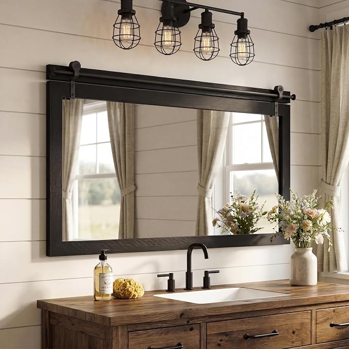 27"x49" Large Black Barn Door Mirror, Solid Wood Framed Accent Wall Mirror - Image 8
