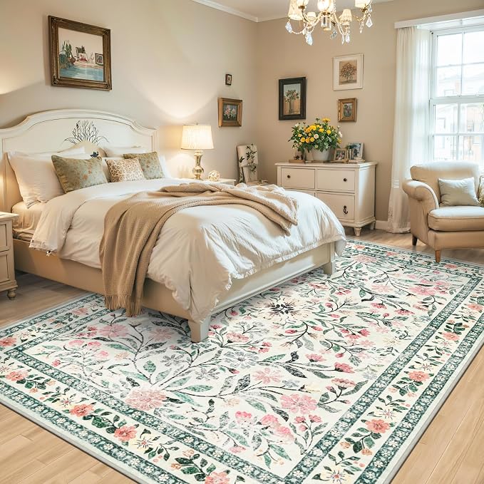 PLHXFR 8x10 Area Rug Living Room: Floral Washable Boho Carpet Green Beige | - Image 3