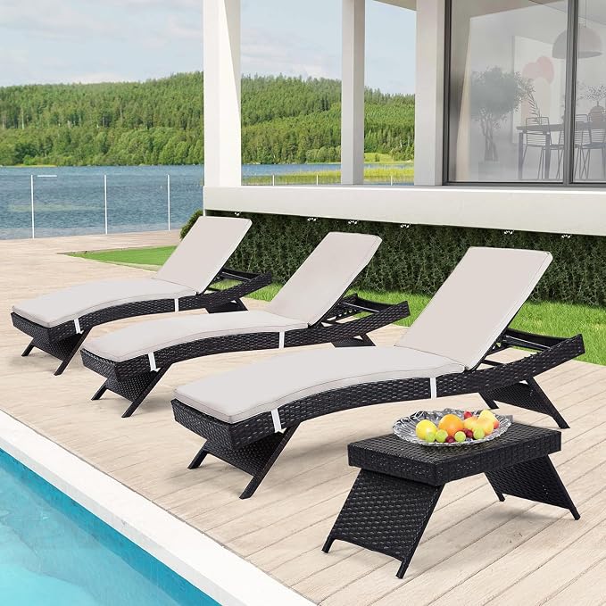 Outdoor Chaise Lounge Chairs + Coffee Table Set of 4 by Asifom