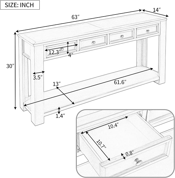 LKTART 63" Solid Wood Console Table Sofa Table - Image 3