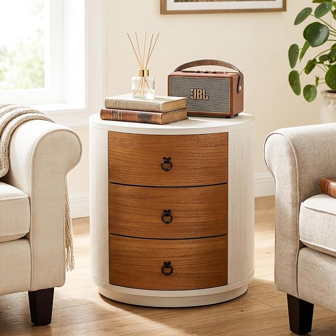 HOMPUS Round 3 Drawer Nightstand Set 2, Farmhouse Chest of Drawers, No Assemble - Image 4