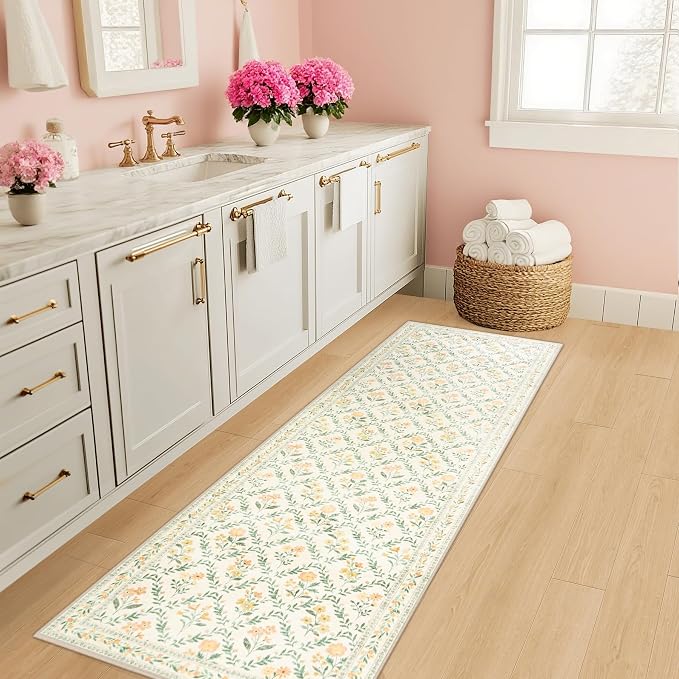 PLHXFR 2.6x8 Washable Runner Rug：Floral Indoor Kitchen Carpet Beige Multi | - Image 5