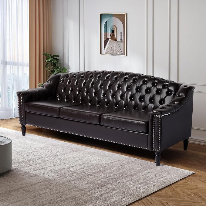 LEVNARY Mid-Century Modern Leather Couch, Chesterfield Sofa Sleeper Settee - Image 6