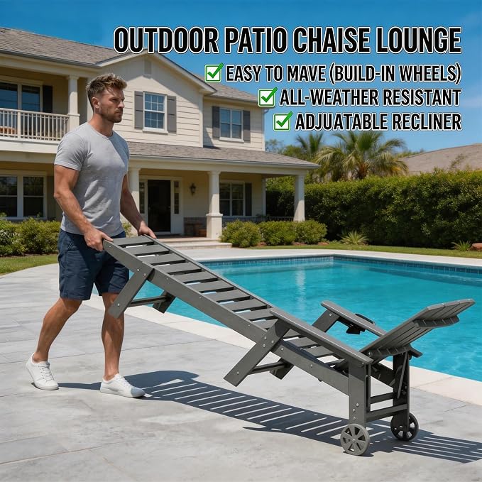 Outdoor Lounge Chair Set of 2, HDPE 4-Position Adjustable Chaise Lounge Outdoor - Image 6
