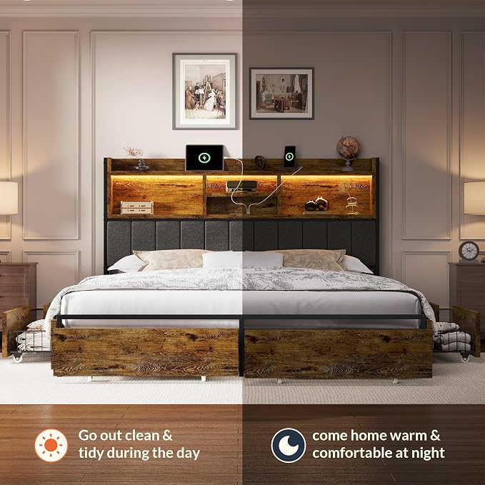 LARMACE King Bed Frame with 6 Storage Drawers, Bed Frame King Size with Linen - Image 8
