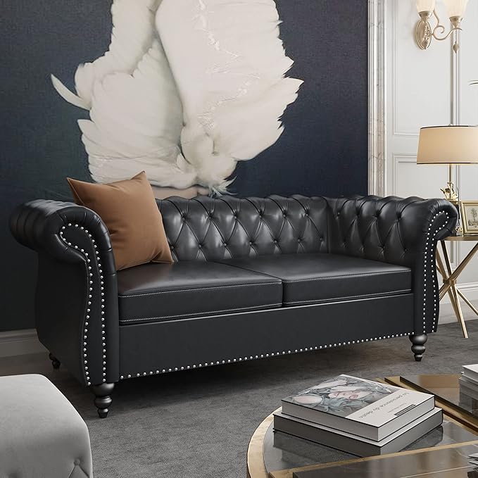 2 Piece Living Room Set, Chesterfield Leather Sofa Couch Chair - Image 4