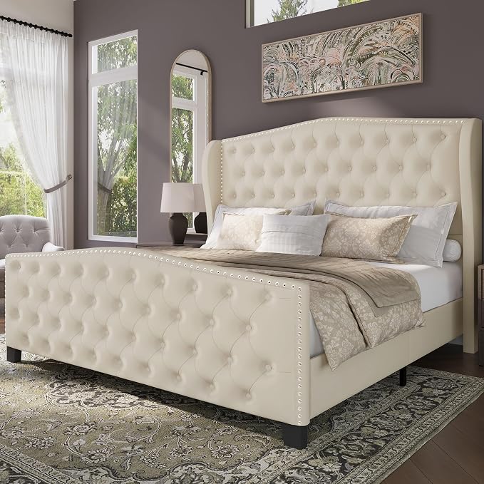 BRELTAM Upholstered Queen Size Bed Frame Velvet Beige Tufted Platform Bed Frame by Breltam