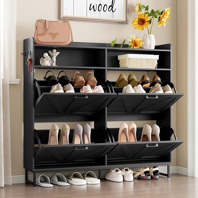 BORNOON Shoe Cabinet with 4 Flip Drawers Narrow Shoe Storage Cabinet Organizer - Image 3