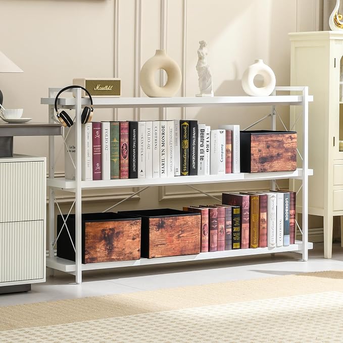 HCHQHS Bookshelf, 3-Tier Long Industrial Bookcase, Freestanding Horizontal - Image 7