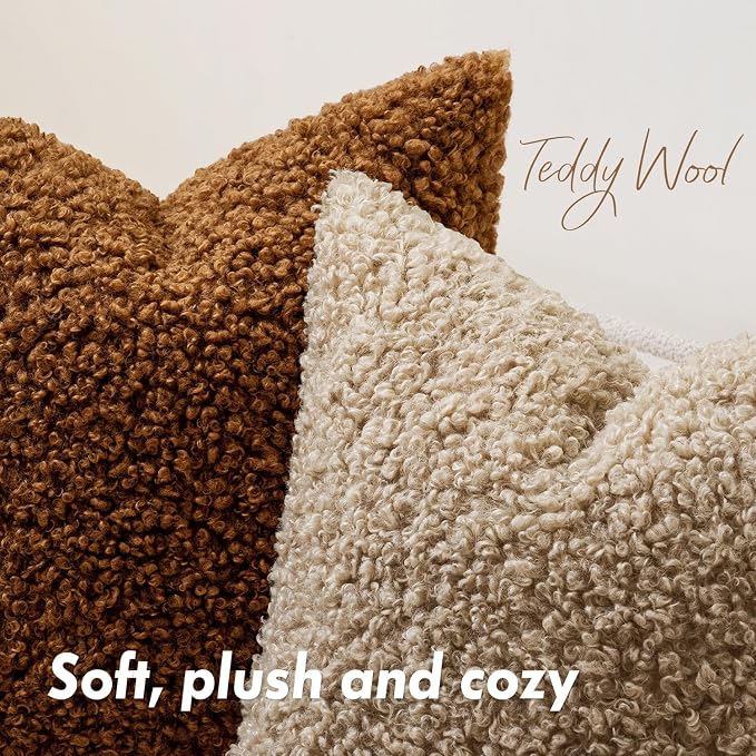 Faux Fur Throw Pillow Covers 20x20 Inch Set of 2 Boucle Neutral Decorative - Image 5