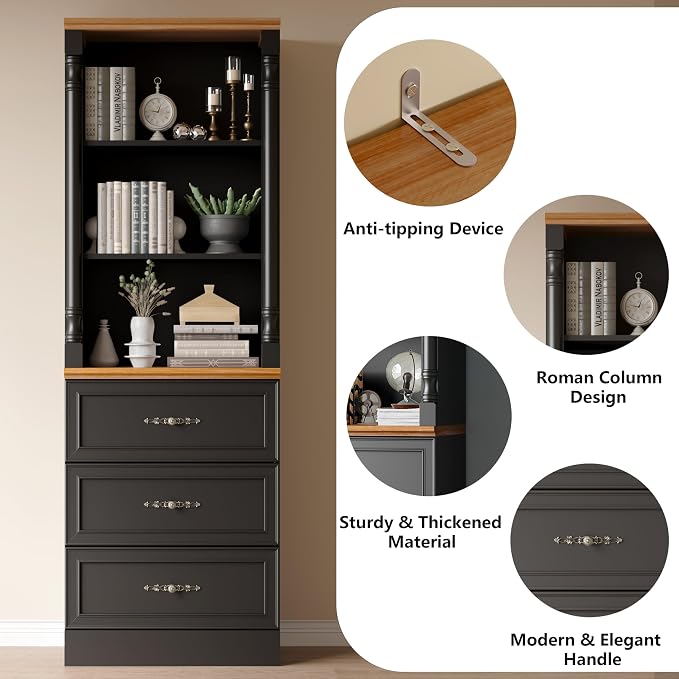 Bookshelf with Drawers, Floor Standing Display Storage Cabinet - Image 4