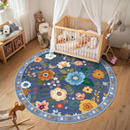 RELEANY Floral Washable Round 4ft Area Rug Blue/Grey | Flower Carpet Print Boho - Image 7
