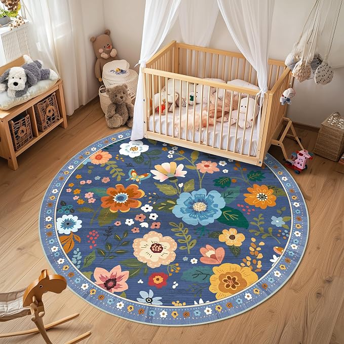 RELEANY Floral Washable Round 4ft Area Rug Blue/Grey | Flower Carpet Print Boho - Image 7