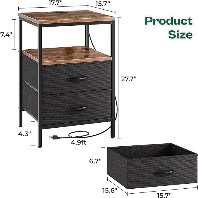 Huuger Night Stand with Charger Station, 27.7 Inch Tall Nightstand, Bed Side - Image 3