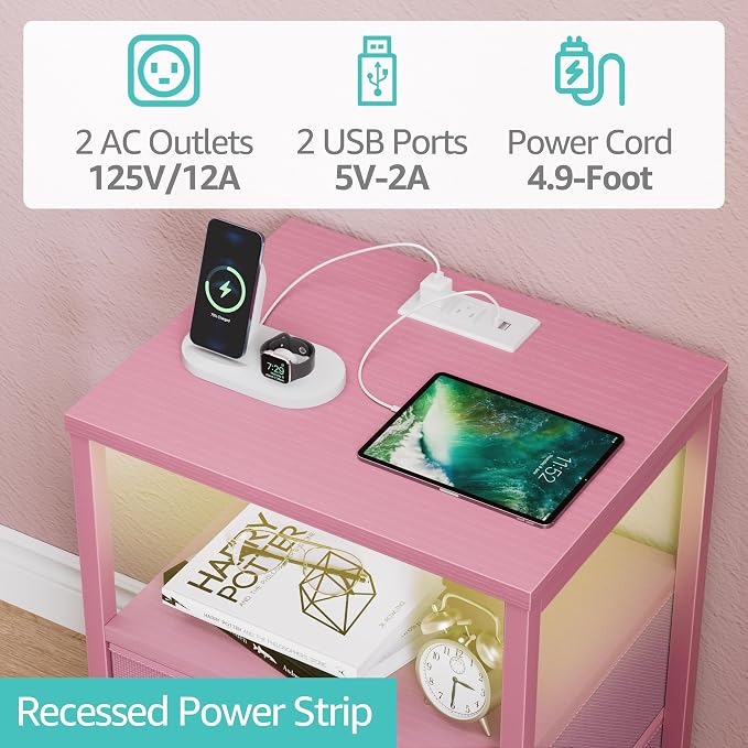 BOLUO Pink Nightstand with Charging Station, LED Night Stand with 2 Fabric - Image 5