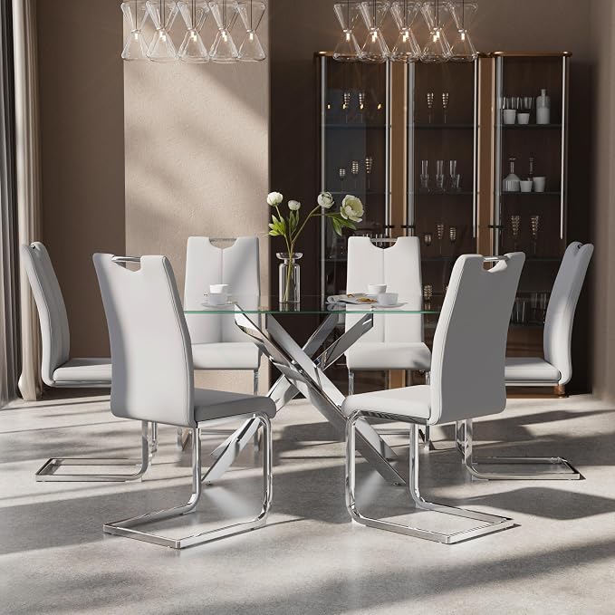 7-Piece Dining Table Set for 6, Modern Rectangular Glass Table - Image 3