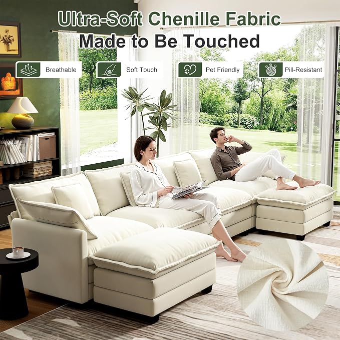 146" Cloud Couch Sectional, U Shaped Modular Sectional Sofa, 4-Seat Deep Seat - Image 5