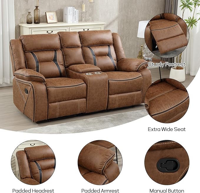 EBELLO Faux Leather Manual Loveseat Recliner, 2 Seat Reclining Sofa Chair - Image 3