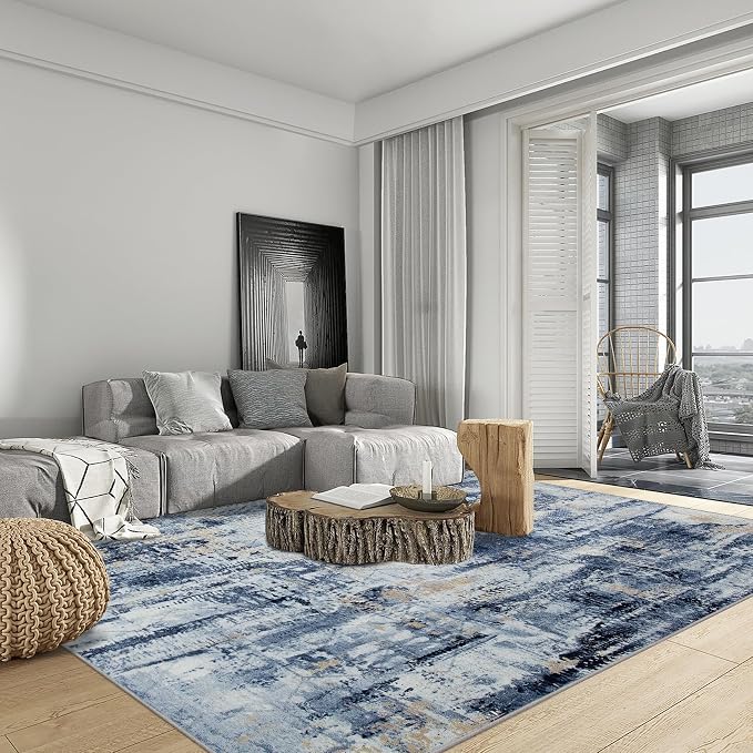 9x12 Area Rugs for Living Room: Washable Abstract Blue Gold Badroom Carpet | - Image 3