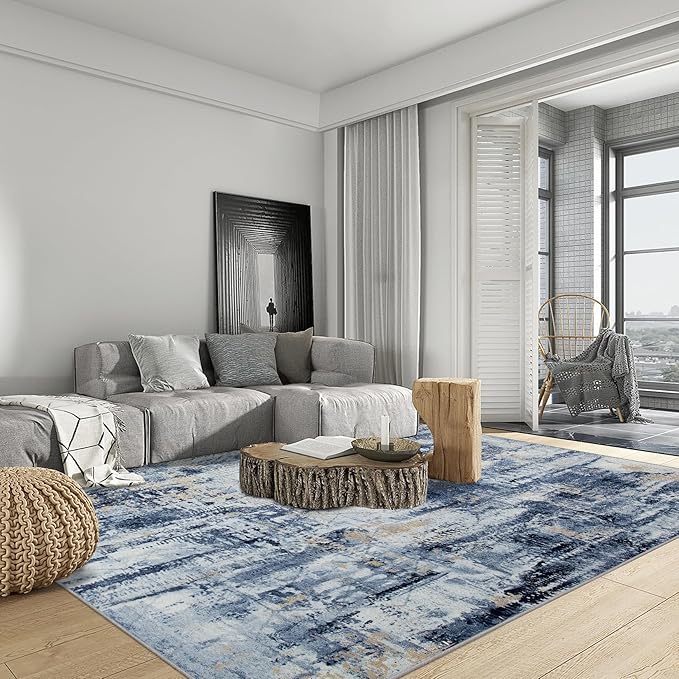 5x7 Area Rugs for Living Room: Washable Abstract Blue Gold Badroom Carpet | - Image 3