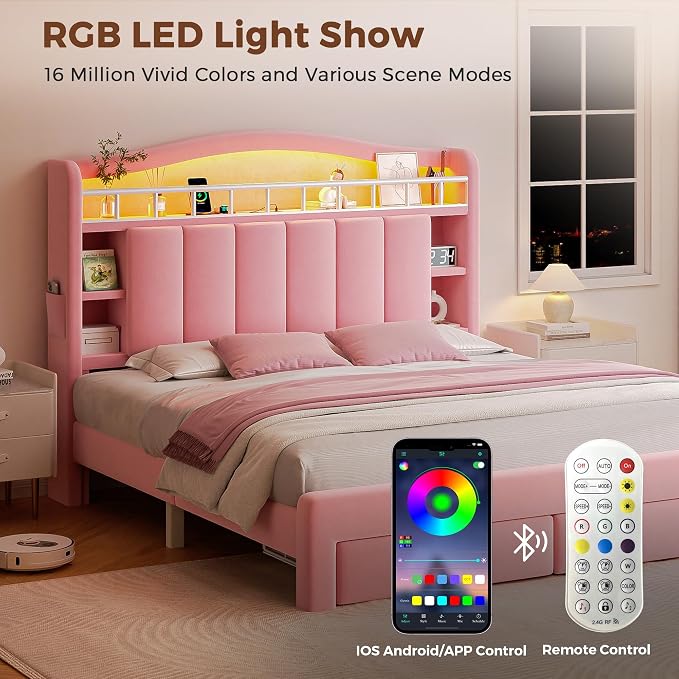 Full LED Bed Frame with Storage Headboard & 2 Storage Drawers, Princess Velvet - Image 8