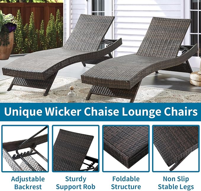 Outdoor Patio 4 Adjustable Backrest Chaise Lounger and 2 Side End Tables - Image 3