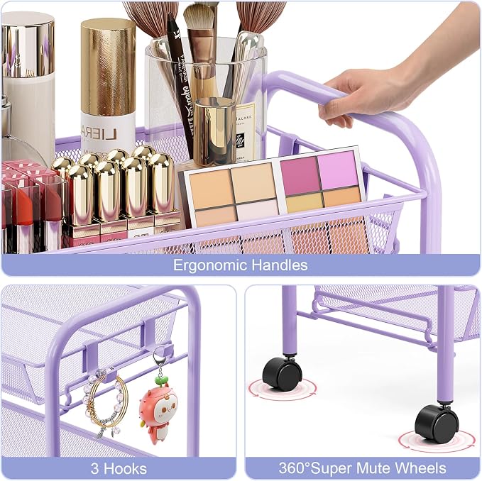 TOOLF 3-Tier Metal Rolling Cart, Mesh Wire Easy Assemble Utility Cart, Storage - Image 3