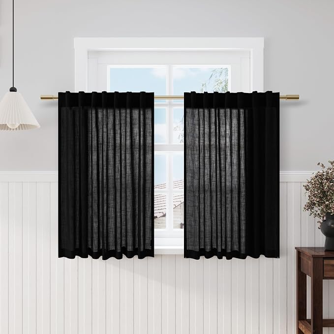 Black Cafe Curtains 48 Inch Length Set 2 Panel Back Tab Pocket Semi Sheer Short by Nanspring