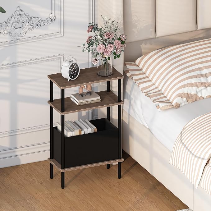Narrow Side Table with Fabric Basket, Slim Nightstand with 3-Tier Storage Shelf - Image 2